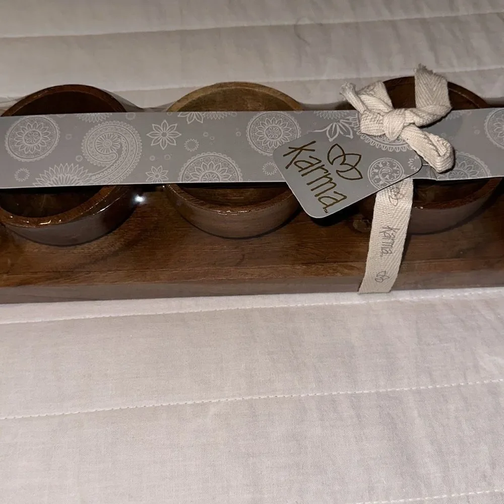 Karma Set of 5 piece Teak Wooden Condiment Dipping Bowls with a Serving Tray
